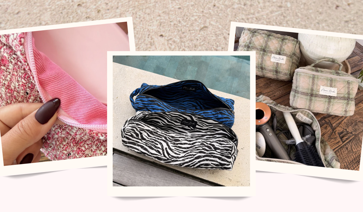 Images of cosmetic bags in various spring patterns and colors.