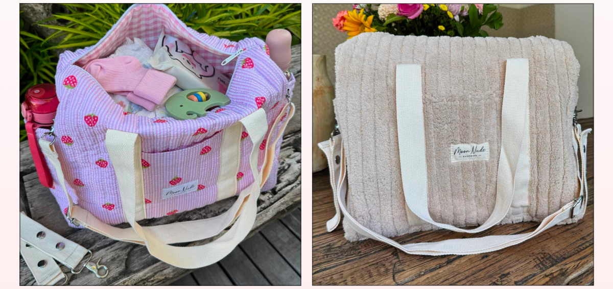 Two bags: one with pink stripes and strawberries, the other in beige with white straps.