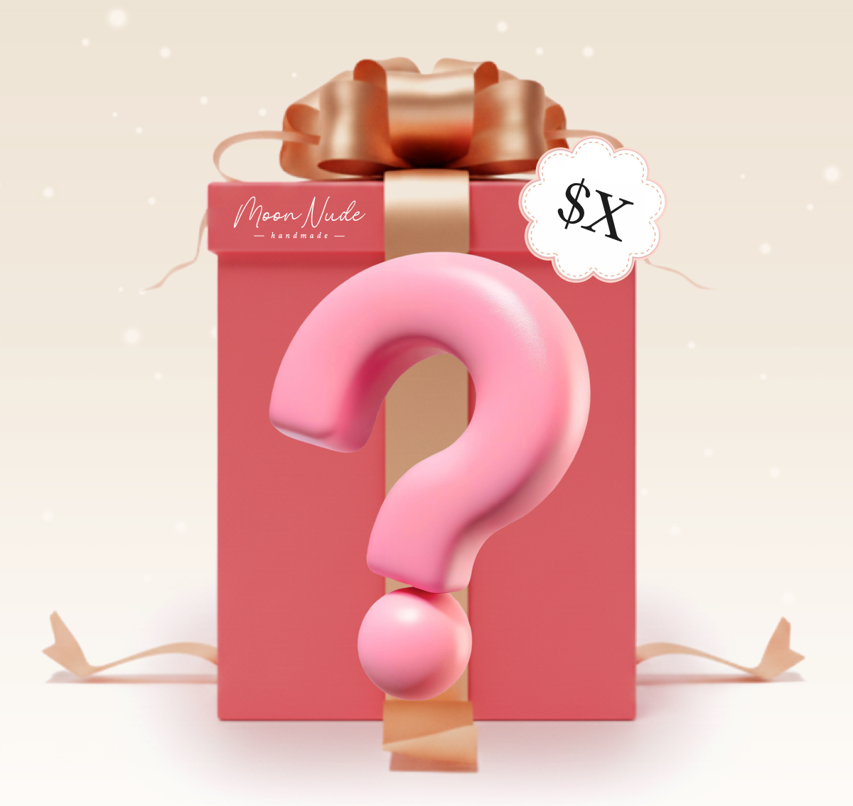 Gift box with a pink question mark and dollar sign.