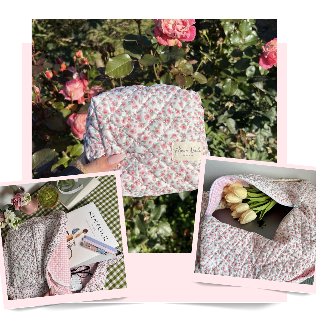 A floral-patterned bag with tulips and a book nearby, set against a rose background.