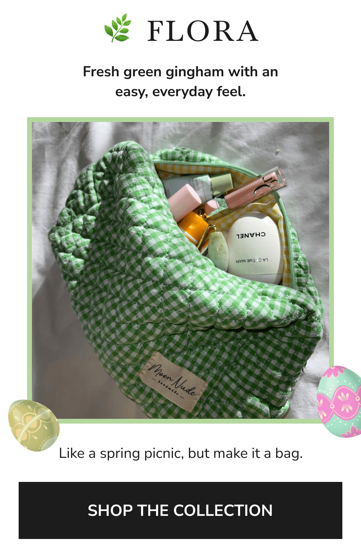 Green gingham backpack with a casual, spring vibe.