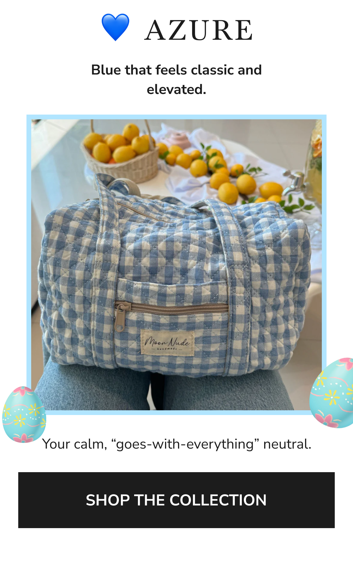 A blue gingham bag on a lap, with lemons and a basket in the background.