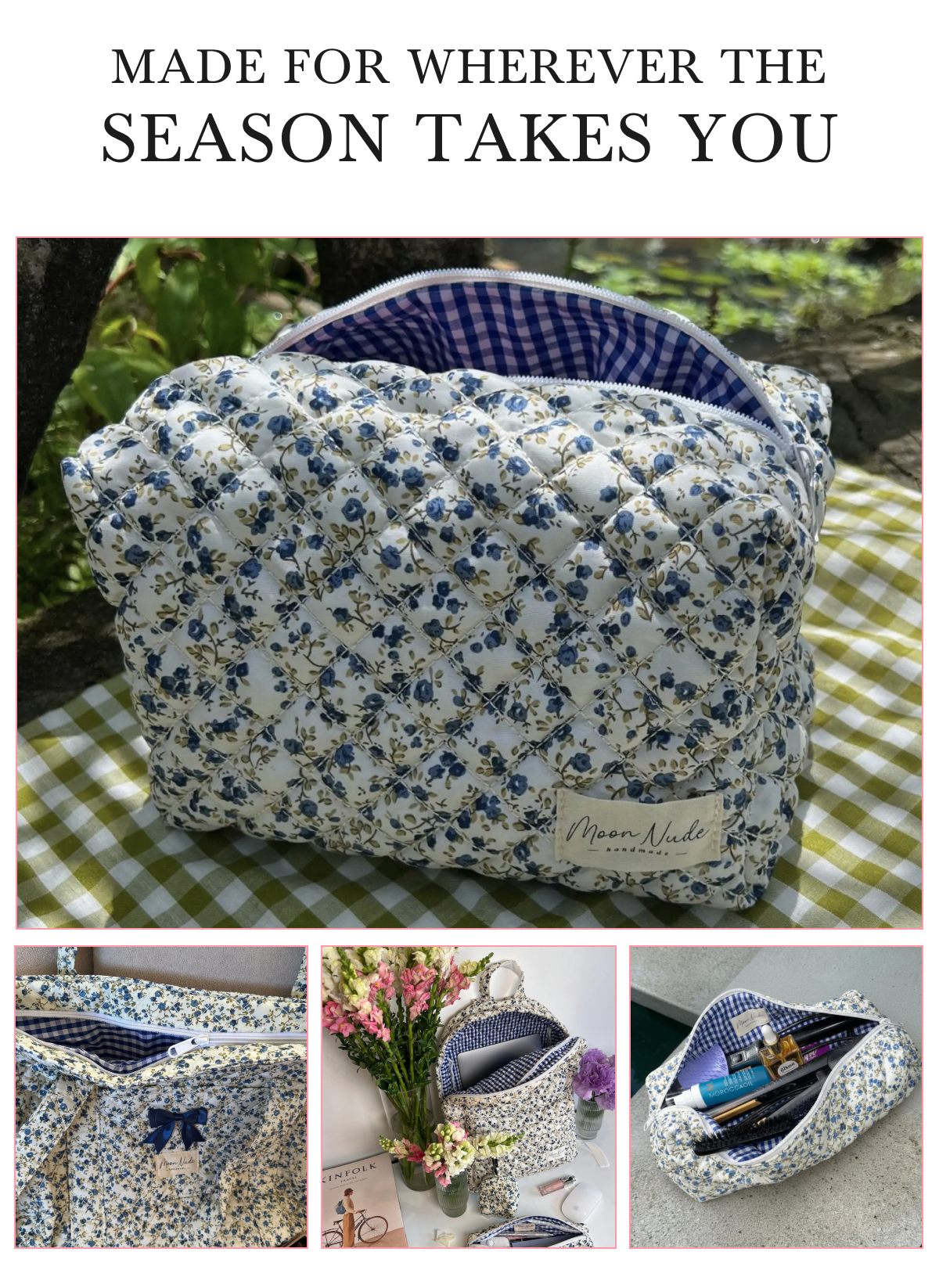 A floral quilted bag with various angles and a text header about seasonal use.