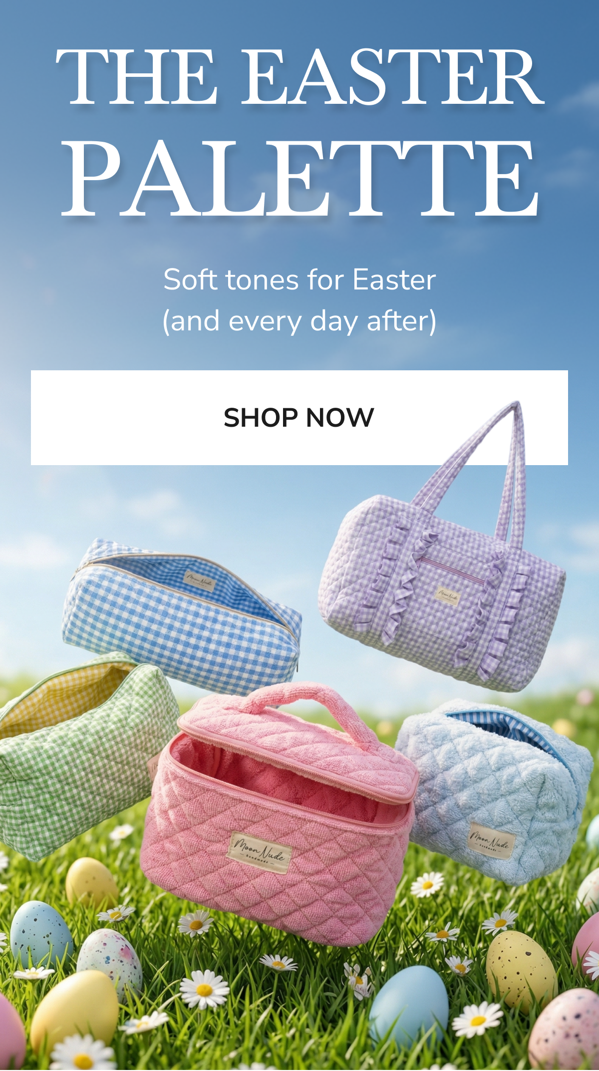 Colorful bags on grass with Easter eggs; promotes Easter palette collection.