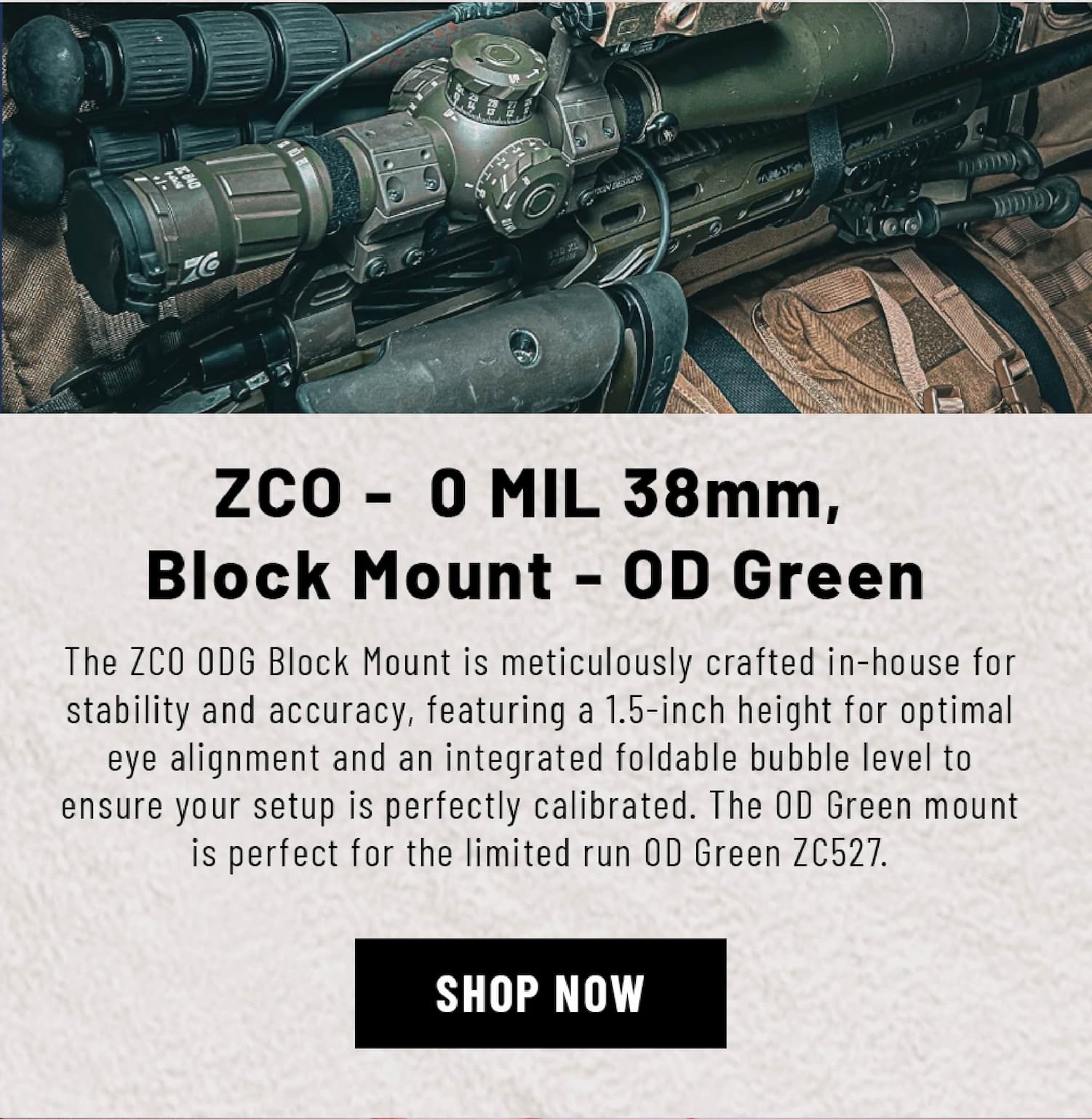 ZCO- 0 MIL 38mm, Block Mount - OD Green - The ZCO ODG Block Mount is meticulously crafted in-house for stability and accuracy, featuring a 1.5-inch height for optimal eye alignment and an integrated foldable bubble level to ensure your setup is perfectly calibrated. The OD Green is perfect for the limited run OD Green ZC527. - Shop Now