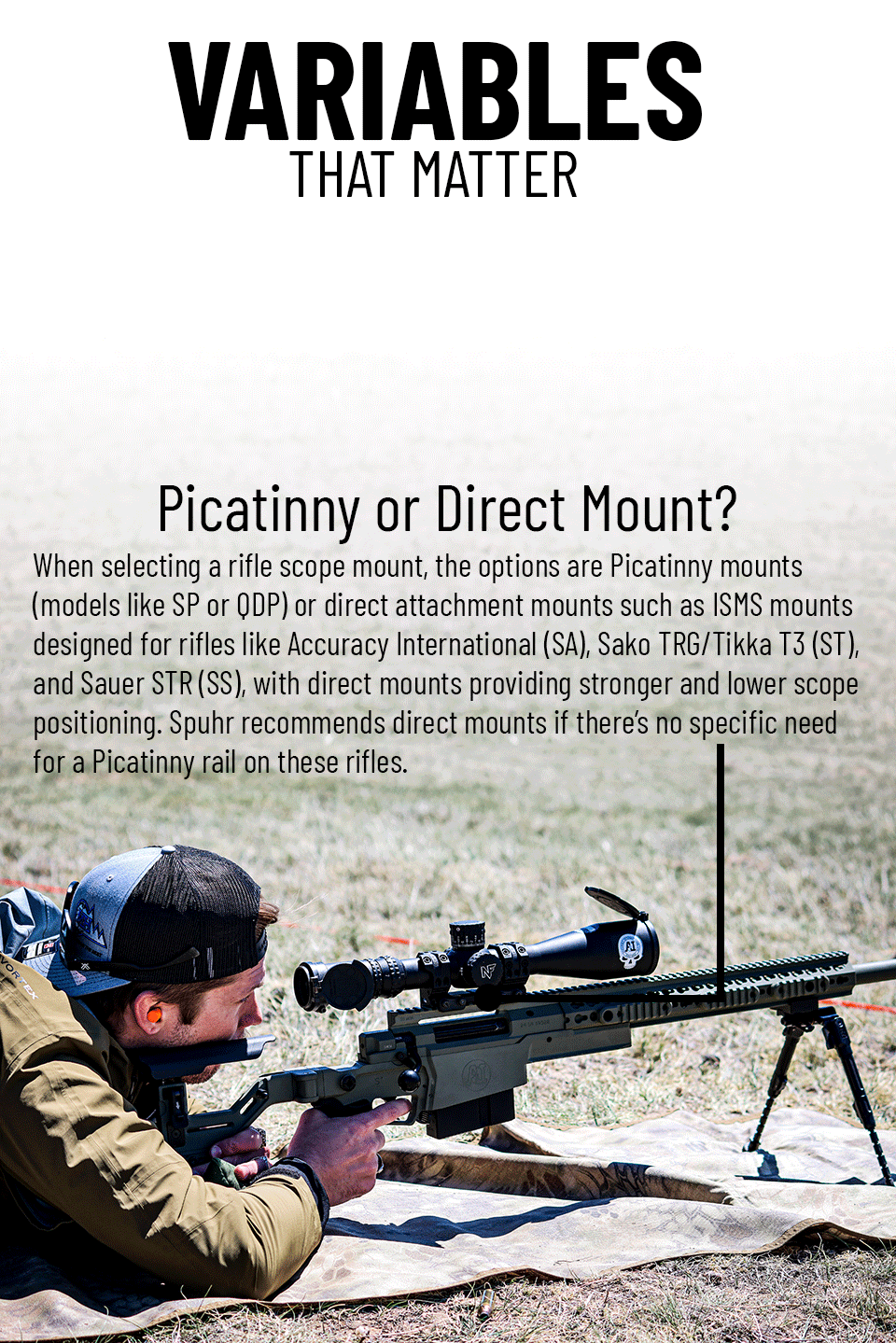 Variables that matter - Picatinny or Direct Mount? - When selecting a rifle scope mount, the options are Picatinny mounts (models like SP or QDP) or direct attachment mounts such as ISMS mounts designed for rifles like Accuracy International (SA), Sako TRG/Tikka T3 (ST), and Sauer STR (SS), with direct mounts providing stronger and lower scope positioning. Spuhr recommends direct mounts if there's no specific need for a Picatinny rail on these rifles.