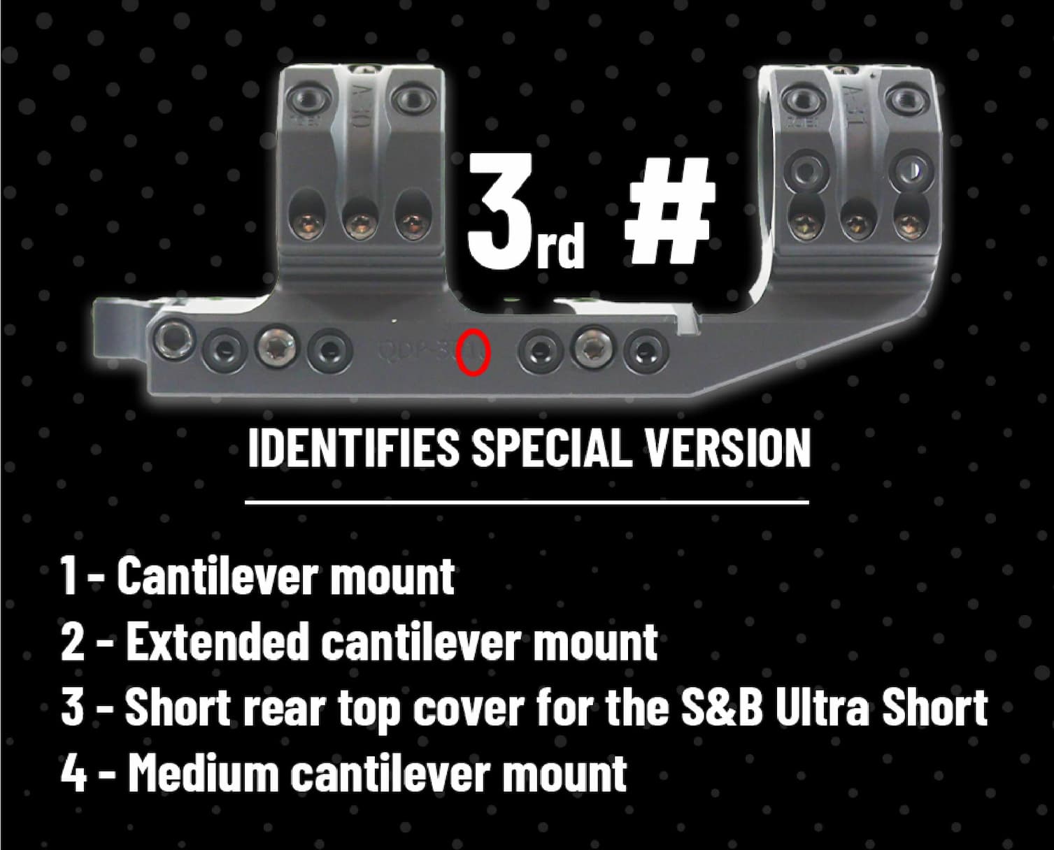 3rd # - Identifies Special Version - 1 - Cantilever mount 2 - Extended cantilever mount 3 - Short rear top cover for the S&B Ultra Short 4 - Medium cantilever mount