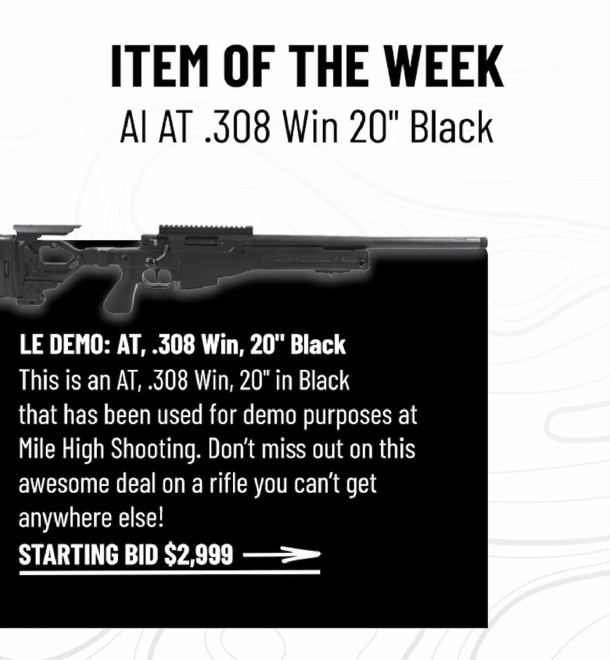 ITEM OF THE WEEK AI AT .308 Win 20" Black - This is an AT, .308 Win, 20" in Black that has been used for demo purposes at  Mile High Shooting. Don't miss out on this  awesome deal on a rifle you can't get  anywhere else!