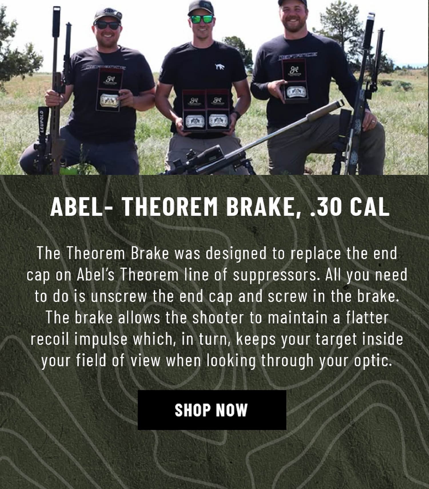 Abel - Theorem Brake, .30 Cal - The Theorem Brake was designed to replace the end cap on Abel's Theorem line of suppressors. All you need to do is unscrew the end cap and screw in the brake. The brake allows the shooter to maintain a flatter recoil impulse which, in turn, keeps your target inside your field of view when looking through your optic.