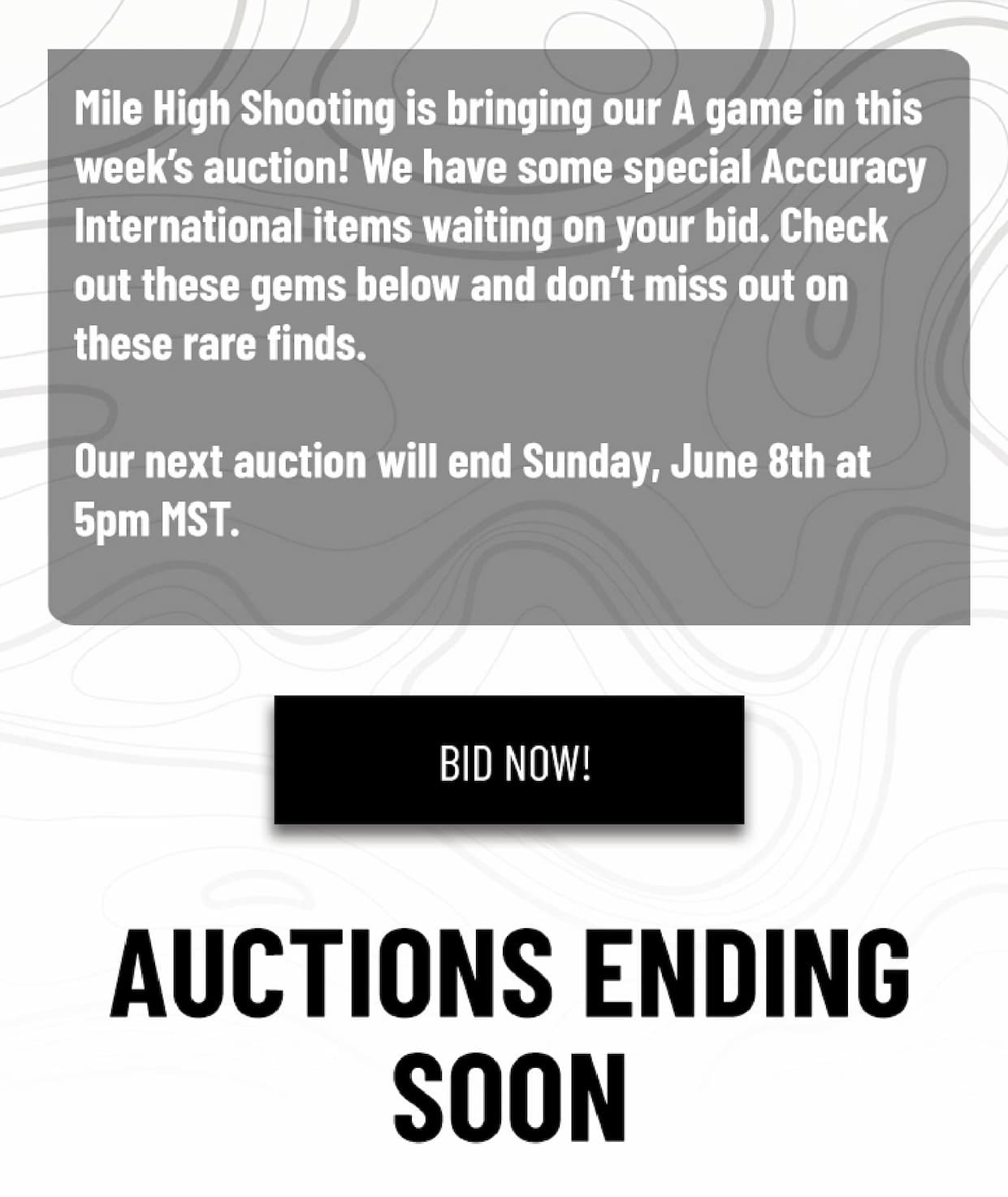 Mile High Shooting is bringing our A game in this week's auction! We have some special Accuracy International items waiting on your bid. Check out these gems below and don't miss out on these rare finds.  Our next auction will end Sunday, June 8th at 5pm MST.  - Bid Now - Auctions Ending Soon