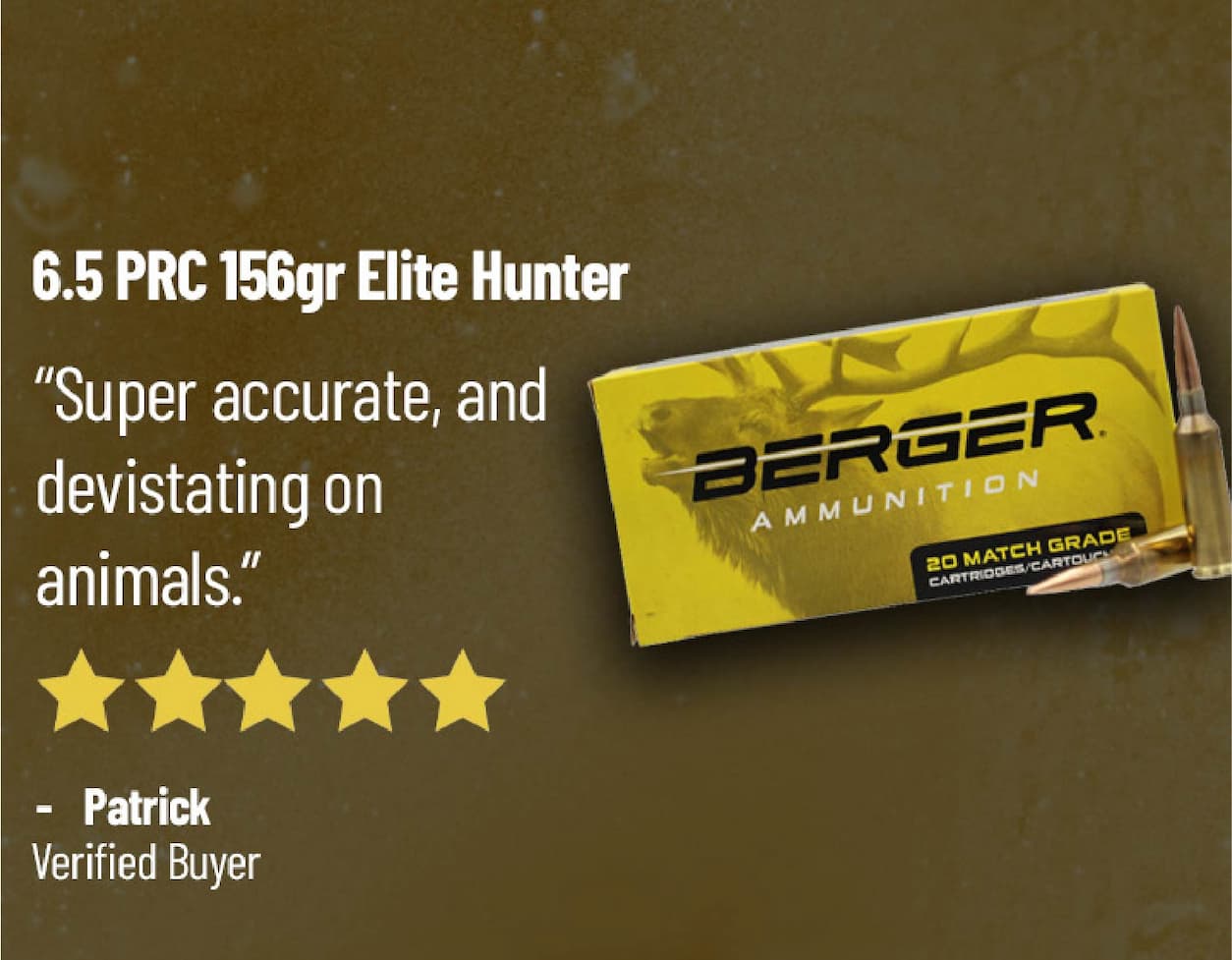 6.5 PRC 156gr Elite Hunter - "Super accurate, and devistating on animals." - Patrick, verified buyer