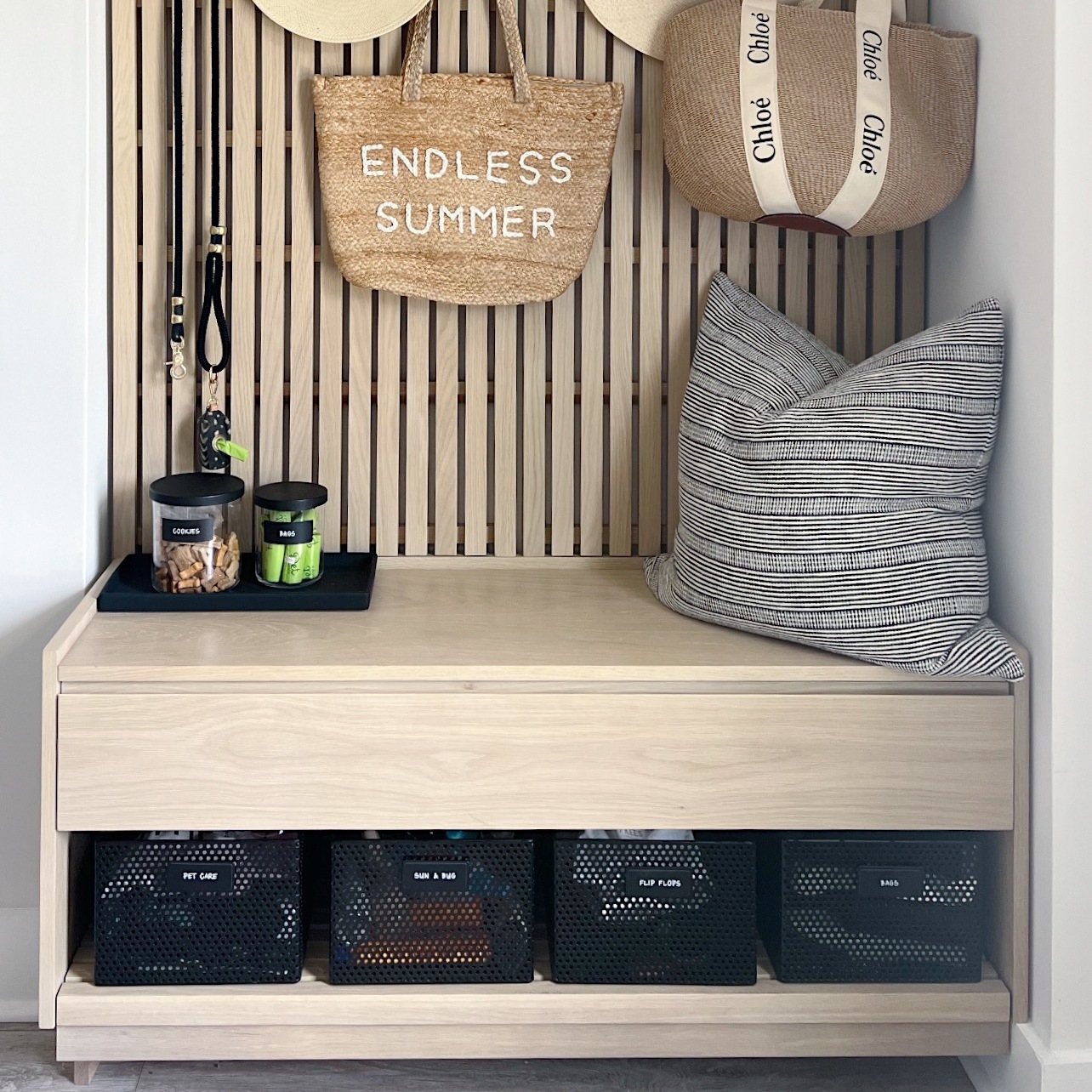 Entryway with perforated baskets