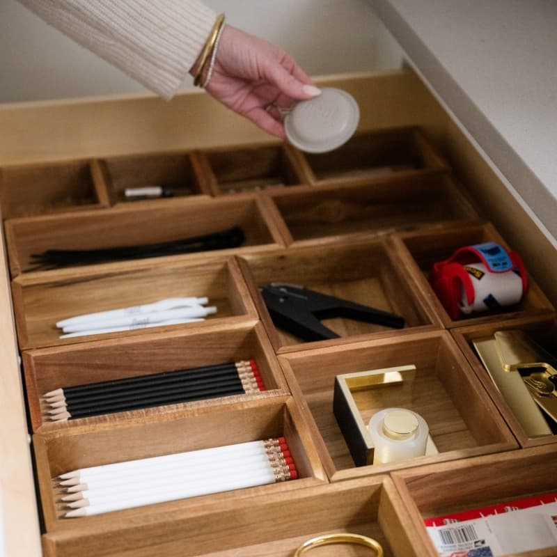 Snack drawer with Acacia Drawer Organizers