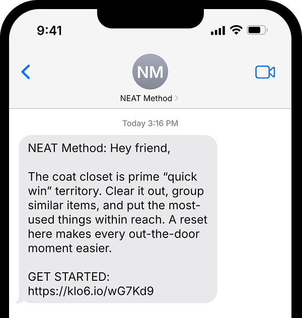 A phone with an SMS message from NEAT Method