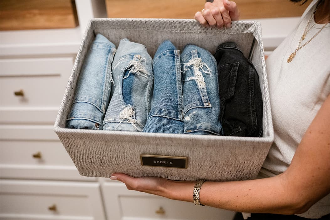 Shorts file-folded in a labeled Oxford Bin