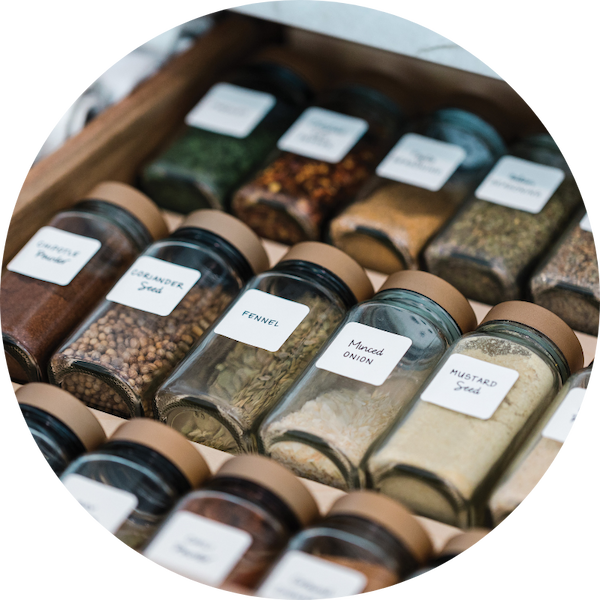 Spice jars organized in rows