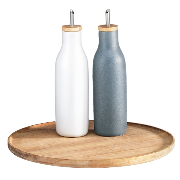 Oil and vinegar decanters on an acacia turntable