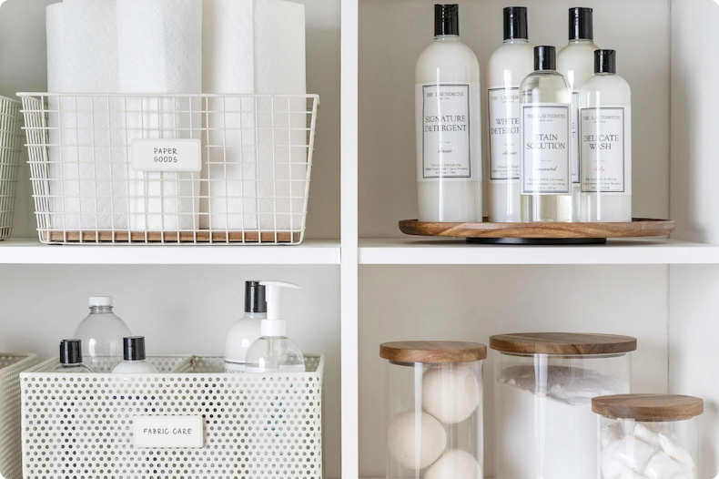 Toiletries and cleaning supplies organized on shelves.