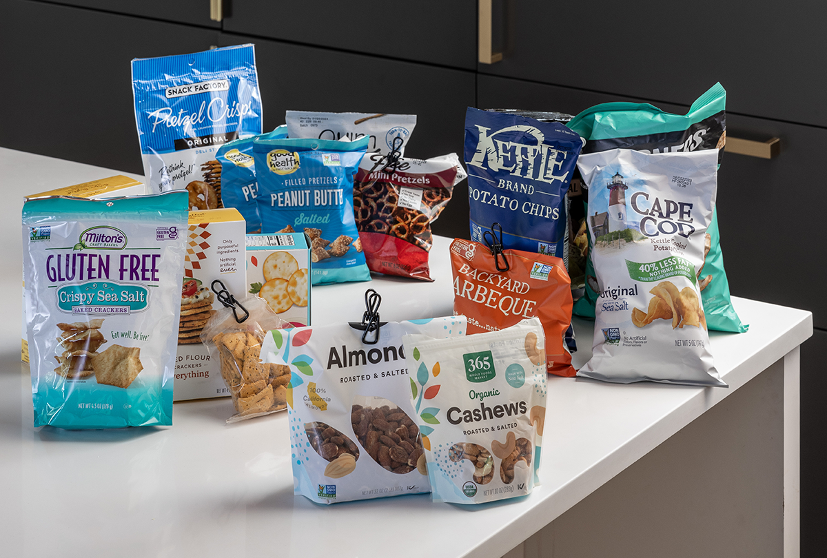 Various packaged snacks on a kitchen counter