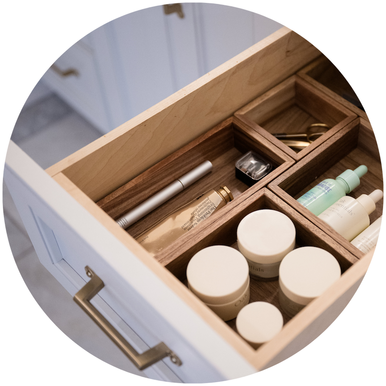 Makeup drawer with Acacia Drawer Organizers