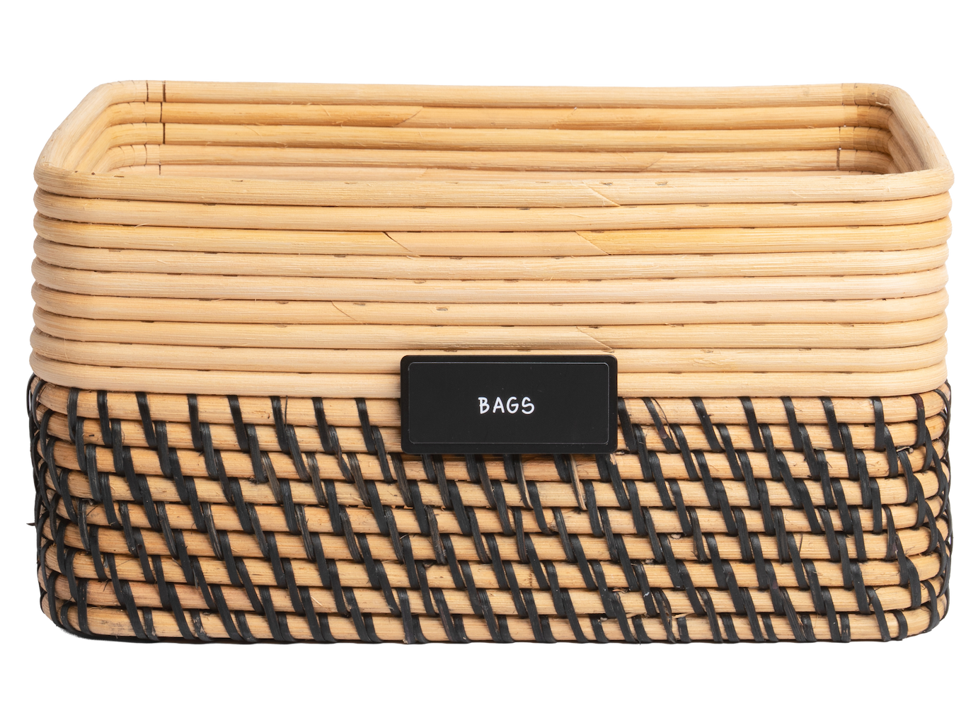 Reeded rattan bin with label holder