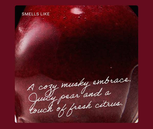 A cozy musky embrace. Juicy pear and a touch of fresh citrus