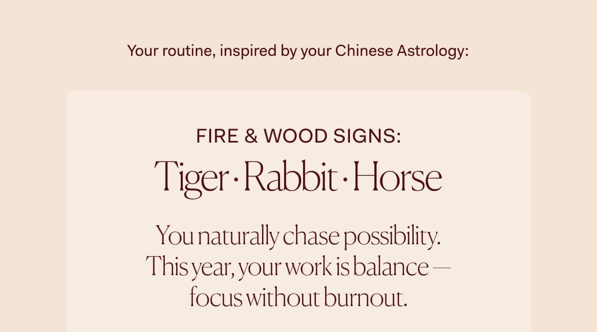 Fire & wood Signs: Tiger · Rabbit · Horse