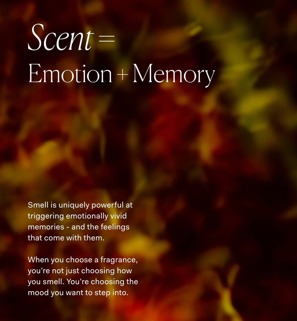 Scent = Emotion + Memory | Smell is uniquely powerful at triggering emotionally vivid memories - and the feelings that come with them.  When you choose a fragrance, you’re not just choosing how you smell. You’re choosing the mood you want to step into.