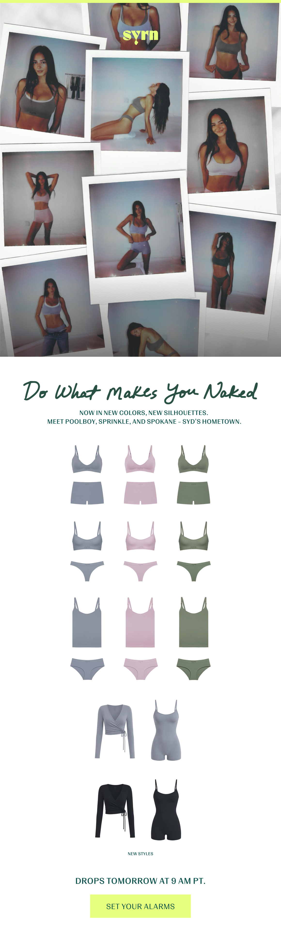 Polaroids of a model collaged together and flat lays of product.