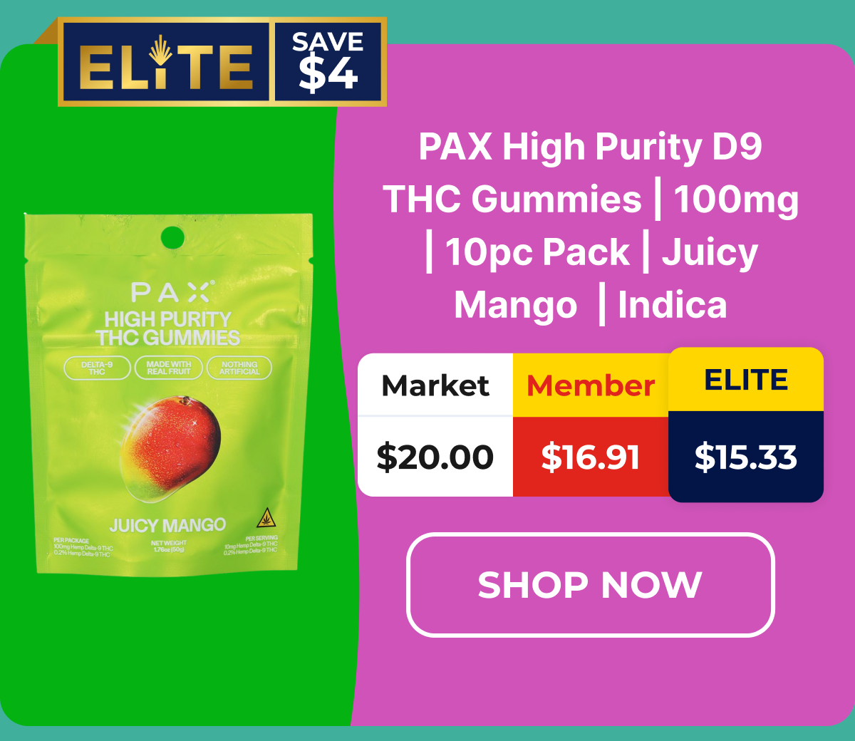 PAX High Purity D9 THC Gummies | 100mg | 10pc Pack | Juicy Mango  | Indica