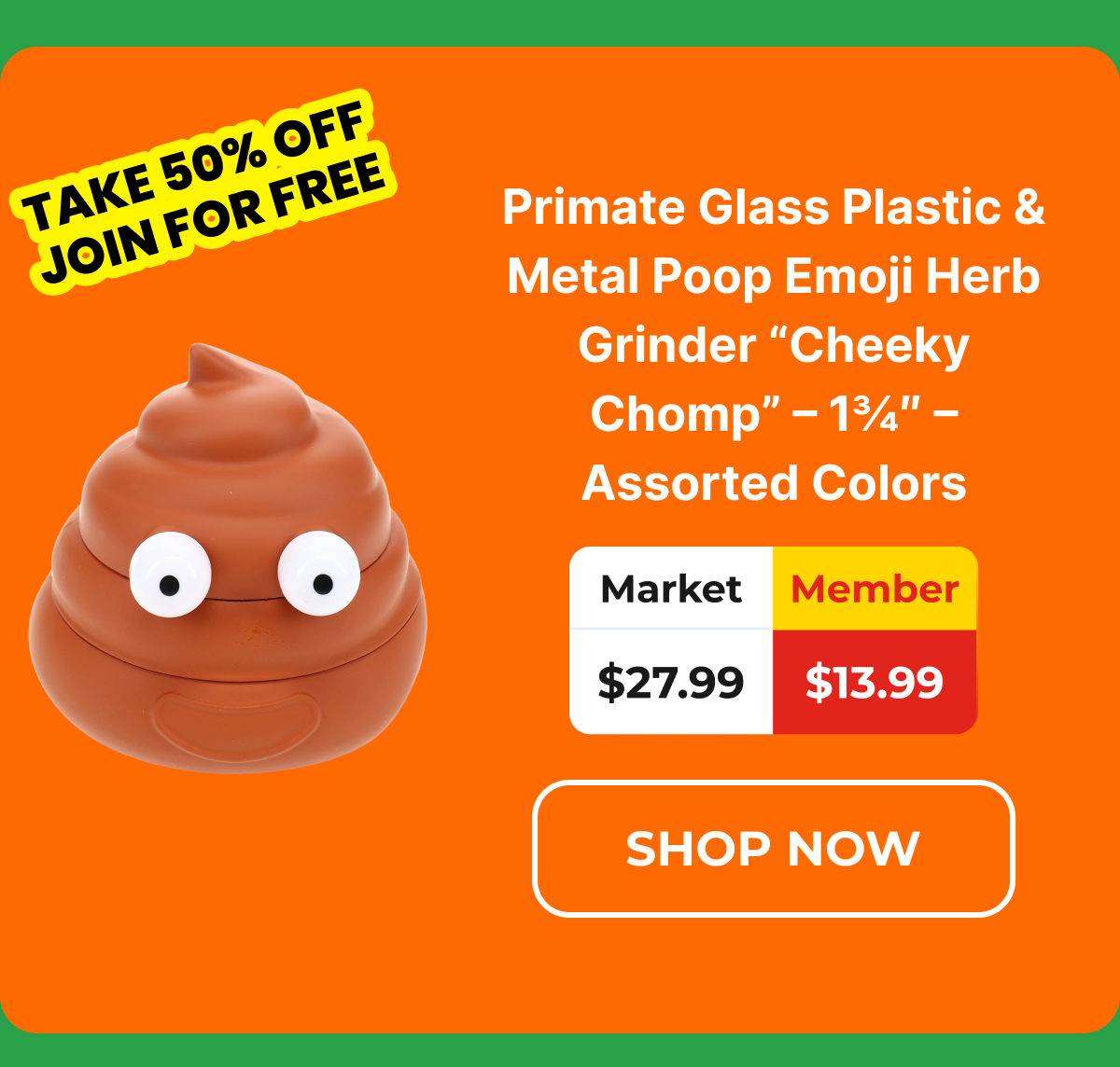 Primate Glass Plastic & Metal Poop Emoji Herb Grinder 