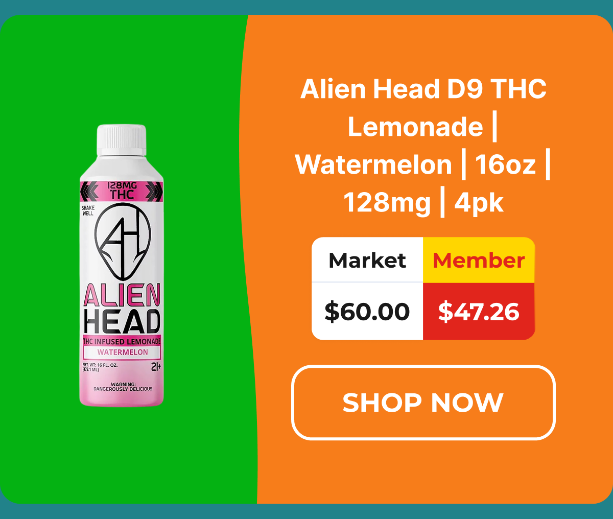 Alien Head D9 THC Lemonade | Watermelon | 16oz | 128mg | 4pk