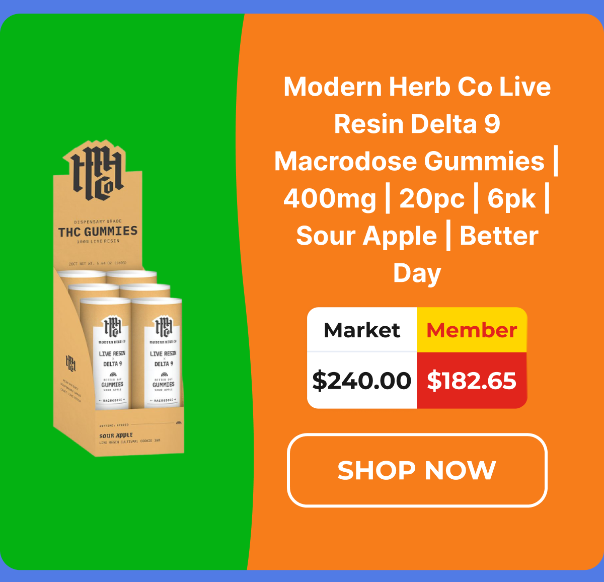 Modern Herb Co Live Resin Delta 9 Macrodose Gummies | 400mg | 20pc | 6pk | Sour Apple | Better Day