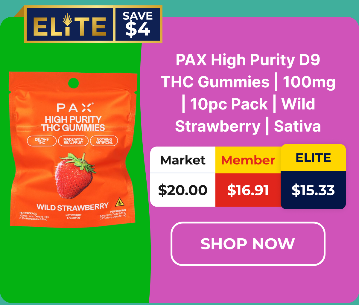 PAX High Purity D9 THC Gummies | 100mg | 10pc Pack | Wild Strawberry | Sativa