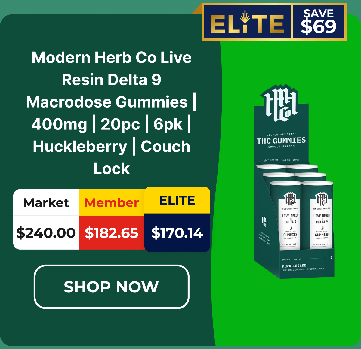 Modern Herb Co Live Resin Delta 9 Macrodose Gummies | 400mg | 20pc | 6pk | Huckleberry | Couch Lock	Modern Herb Co.