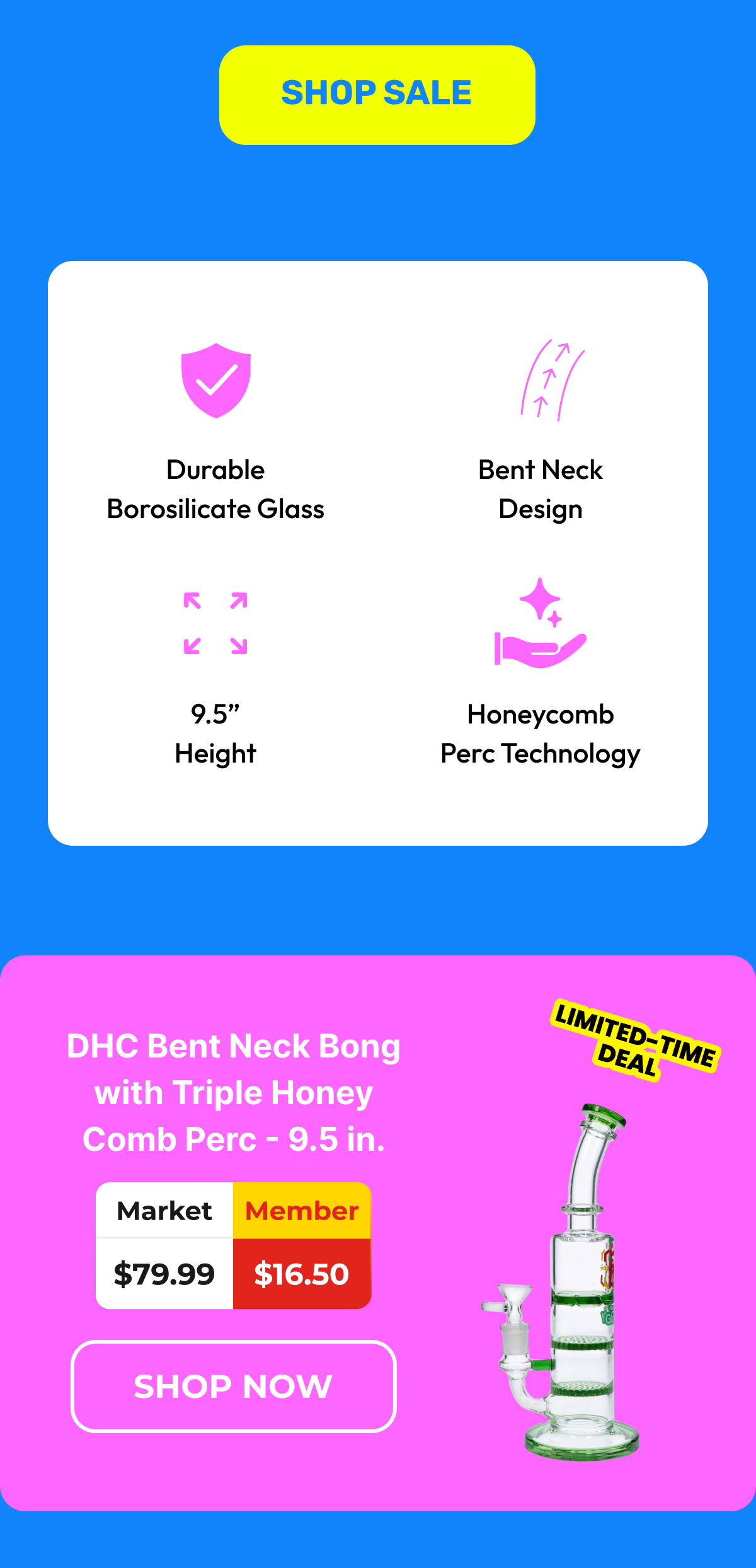 DHC Bent Neck Bong with Triple Honey Comb Perc - 9.5 in.