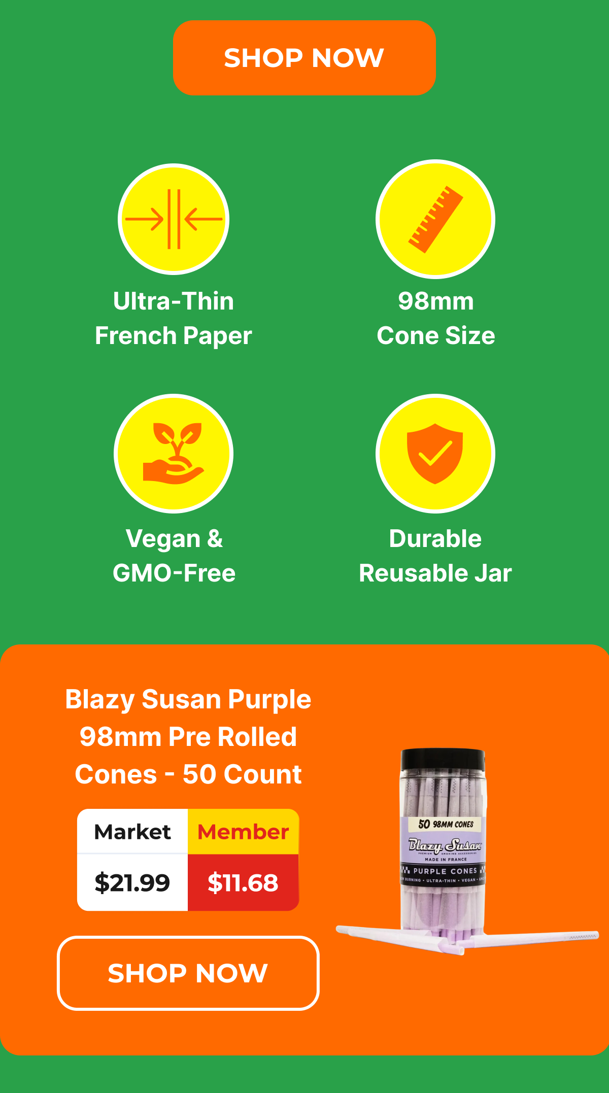 Blazy Susan Purple 98mm Pre Rolled Cones - 50 Count