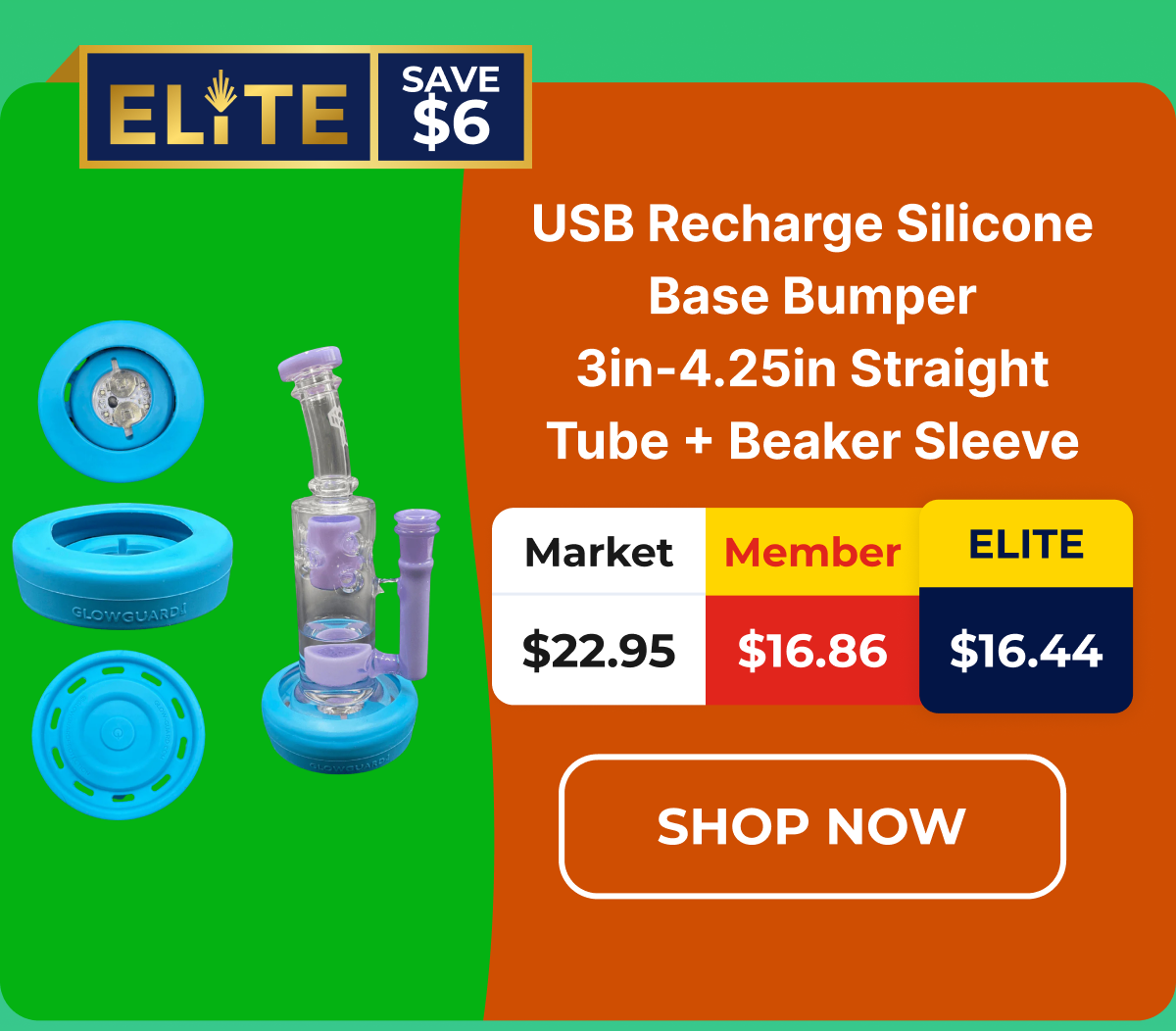USB Recharge Silicone Base Bumper 3in-4.25in Straight Tube + Beaker Sleeve
