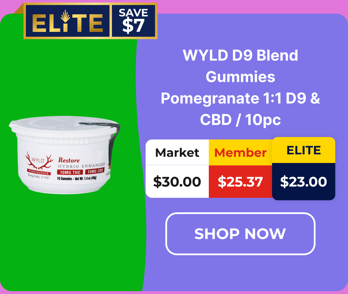 WYLD D9 Blend Gummies Pomegranate 1:1 D9 & CBD / 10pc