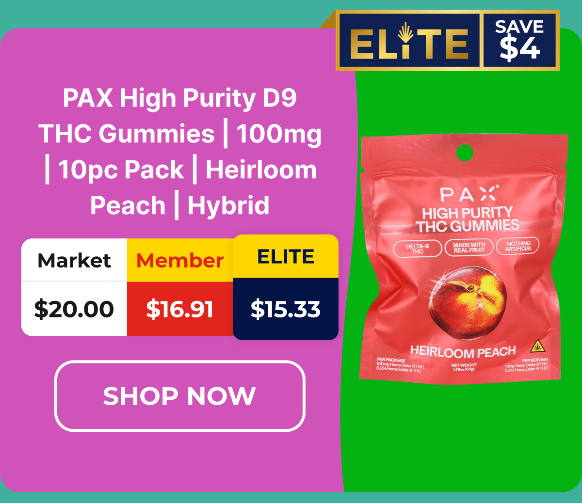 PAX High Purity D9 THC Gummies | 100mg | 10pc Pack | Heirloom Peach | Hybrid