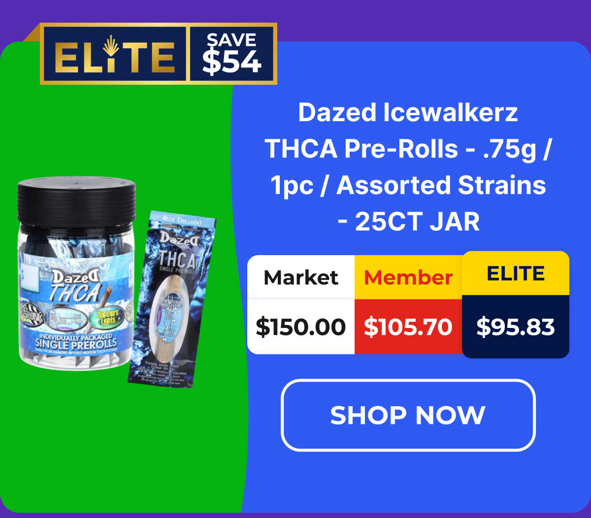 Dazed Icewalkerz THCA Pre-Rolls - .75g / 1pc / Assorted Strains - 25CT JAR