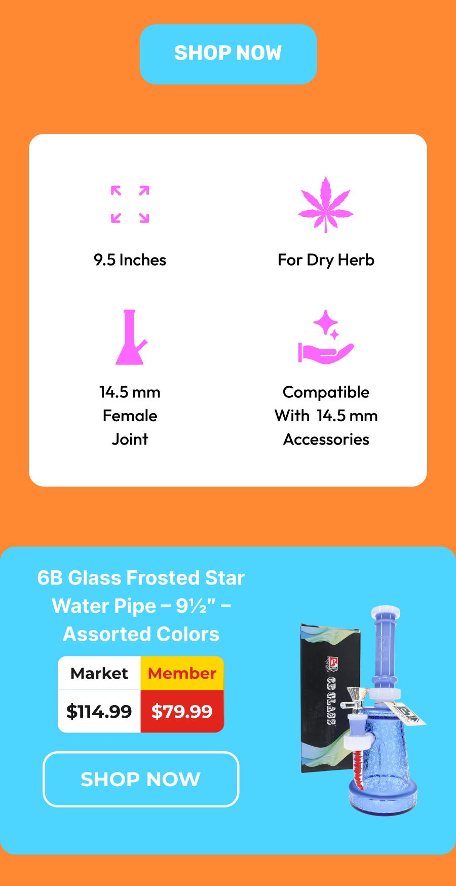 6B Glass Frosted Star Water Pipe - 9½″ - Assorted Colors