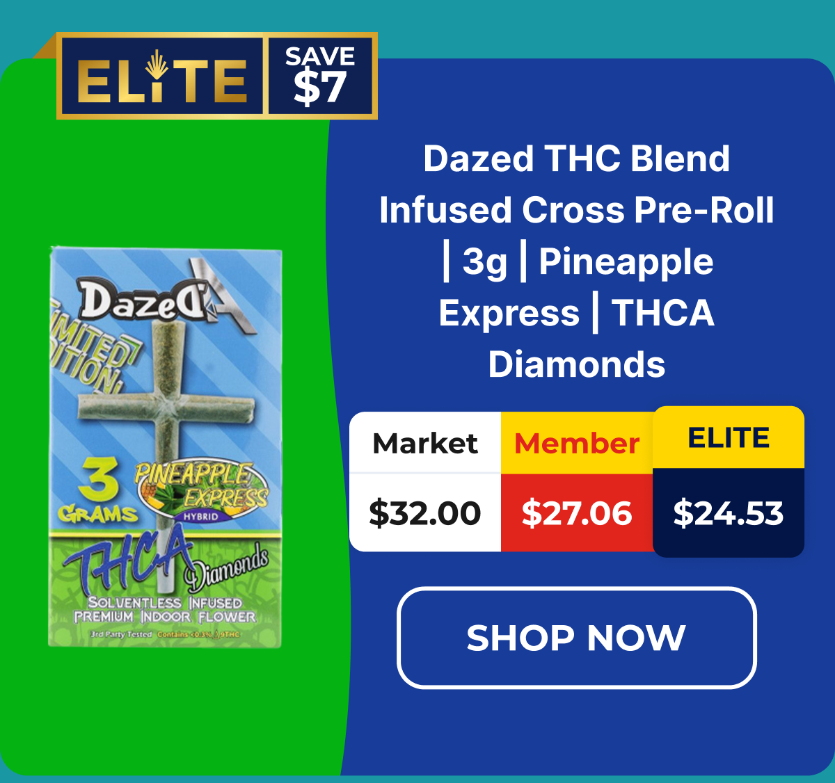 Dazed THC Blend Infused Cross Pre-Roll | 3g | Pineapple Express | THCA Diamonds