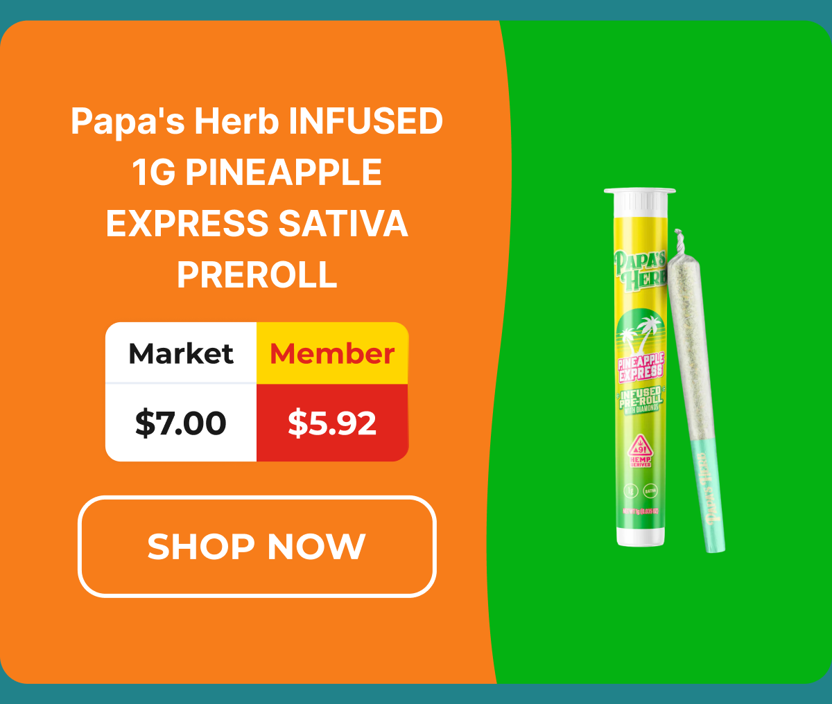 Papa's Herb INFUSED 1G PINEAPPLE EXPRESS SATIVA PREROLL