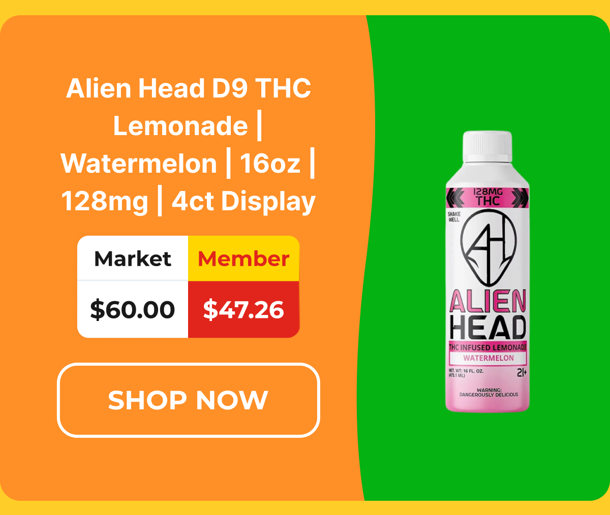 Alien Head D9 THC Lemonade | Watermelon | 16oz | 128mg | 4ct Display