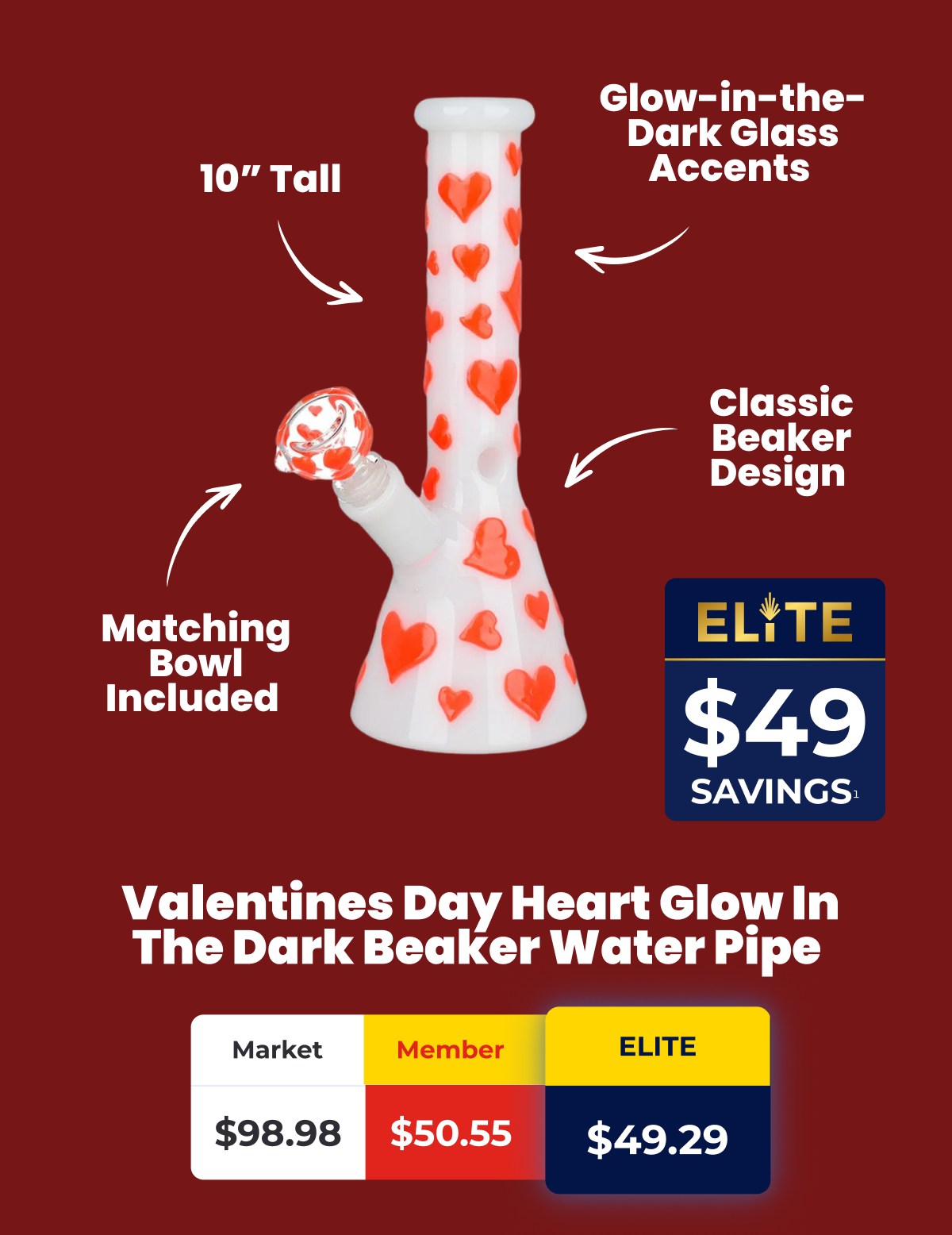 Valentines Day Heart Glow In The Dark Beaker Water Pipe 