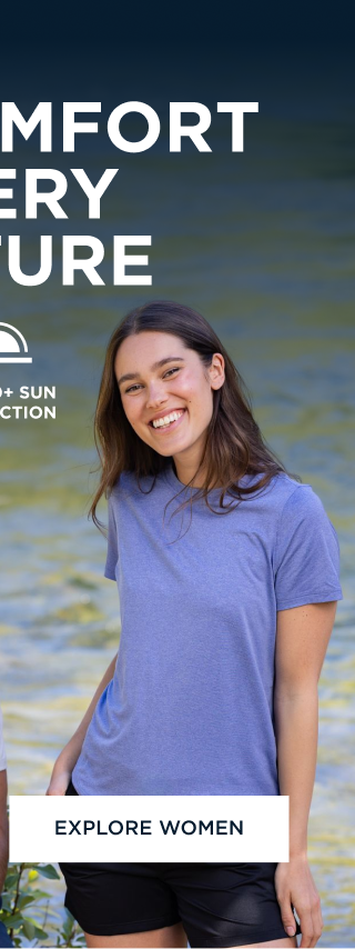 Man and woman wearing Coastline recycled double peached short sleeve top while relaxing by the water | Explore Men