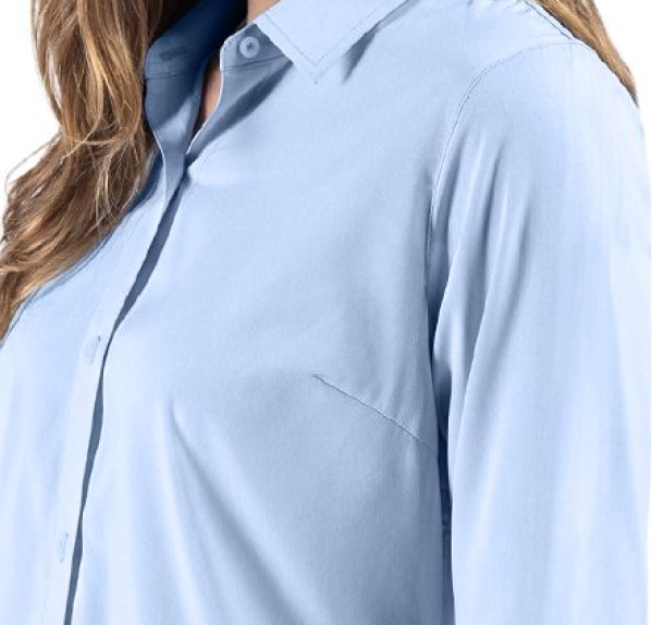 Woman wearing Skyline dress shirt