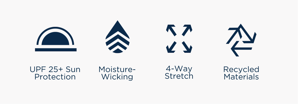 Fabric details of the Virtue family | UPF 25+ | Moisture-Wicking | 4-Way Stretch | Recycled Materials