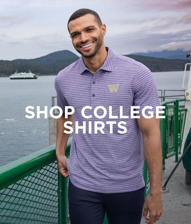 Young man wearing purple striped polo | Shop College Shirts